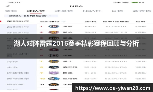 湖人对阵雷霆2016赛季精彩赛程回顾与分析